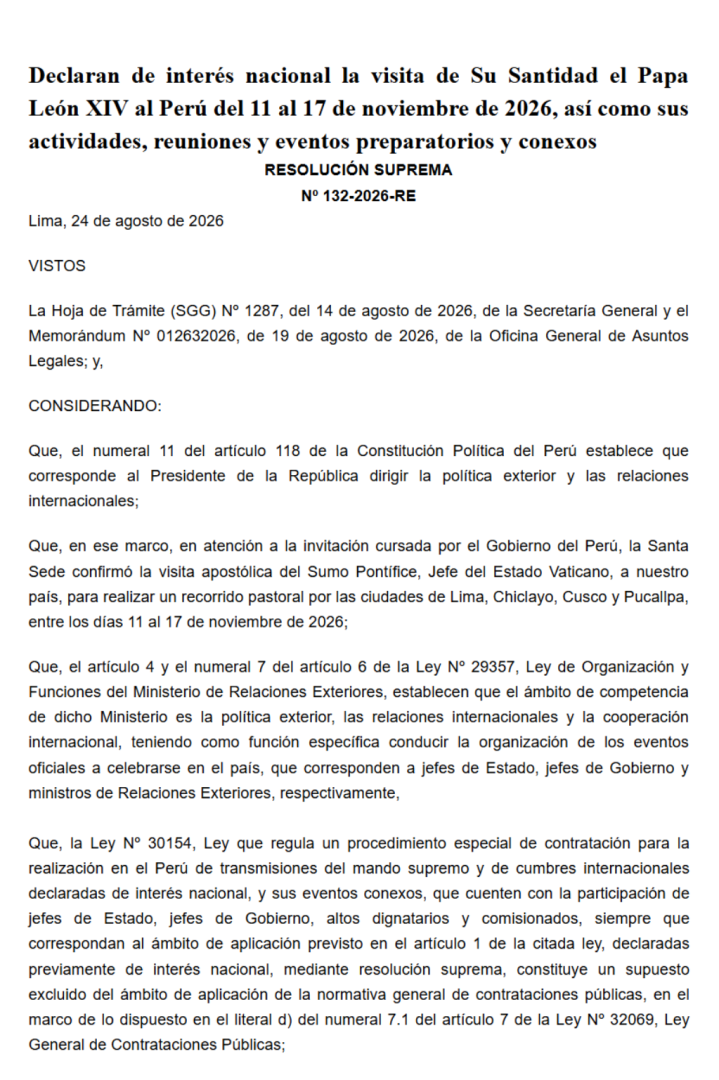 Declaran de inter�s nacional la visita del Papa Le�n XIV al Per� del 11 al 17 de noviembre
