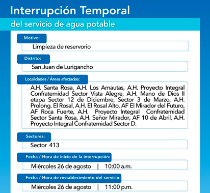 Sedapal anuncia corte de agua en SJL.