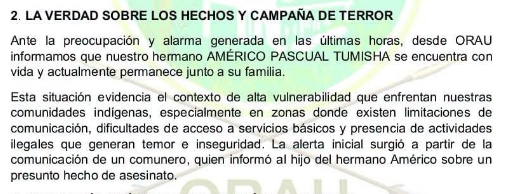Punto N°2 del comunicado donde desmienten la muerte de Américo Pascual Tumisha