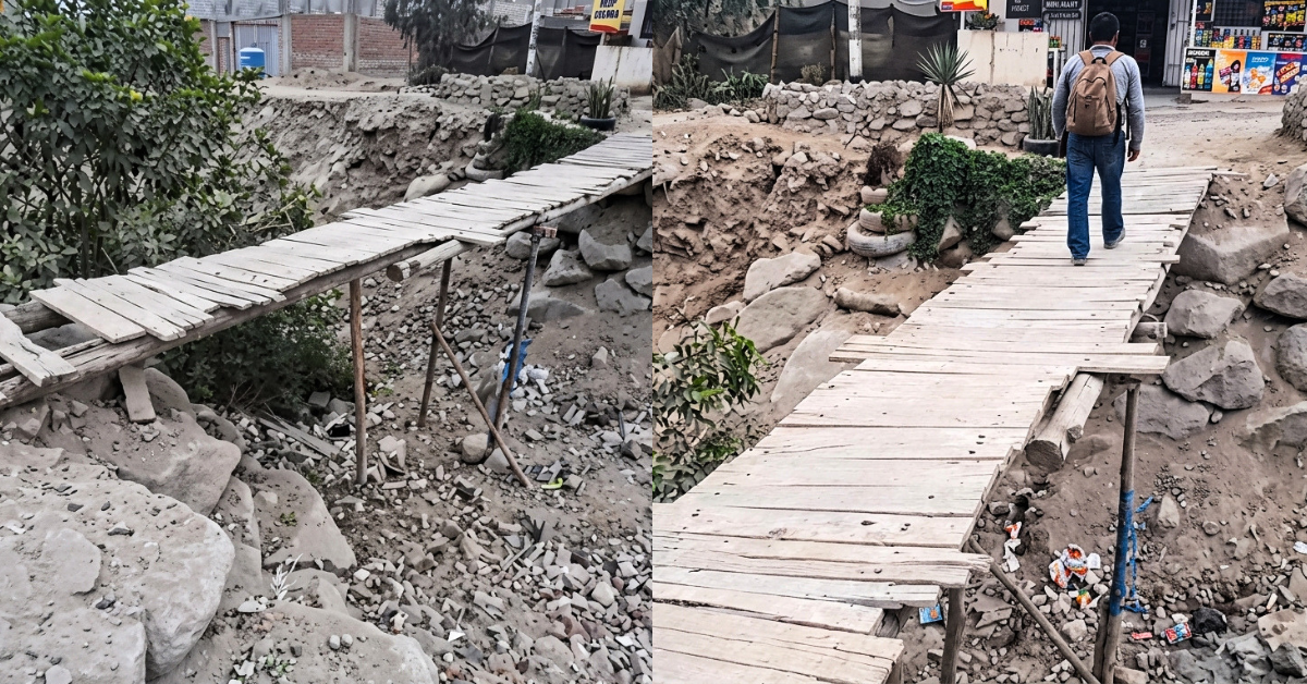 Puente de palos por donde transitan diariamente los vecinos de la Asociación Ecológica Los Ángeles de California