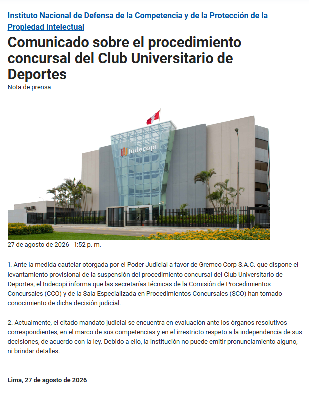Comunicado de Indecopi sobre procedimiento concursal de Universitario