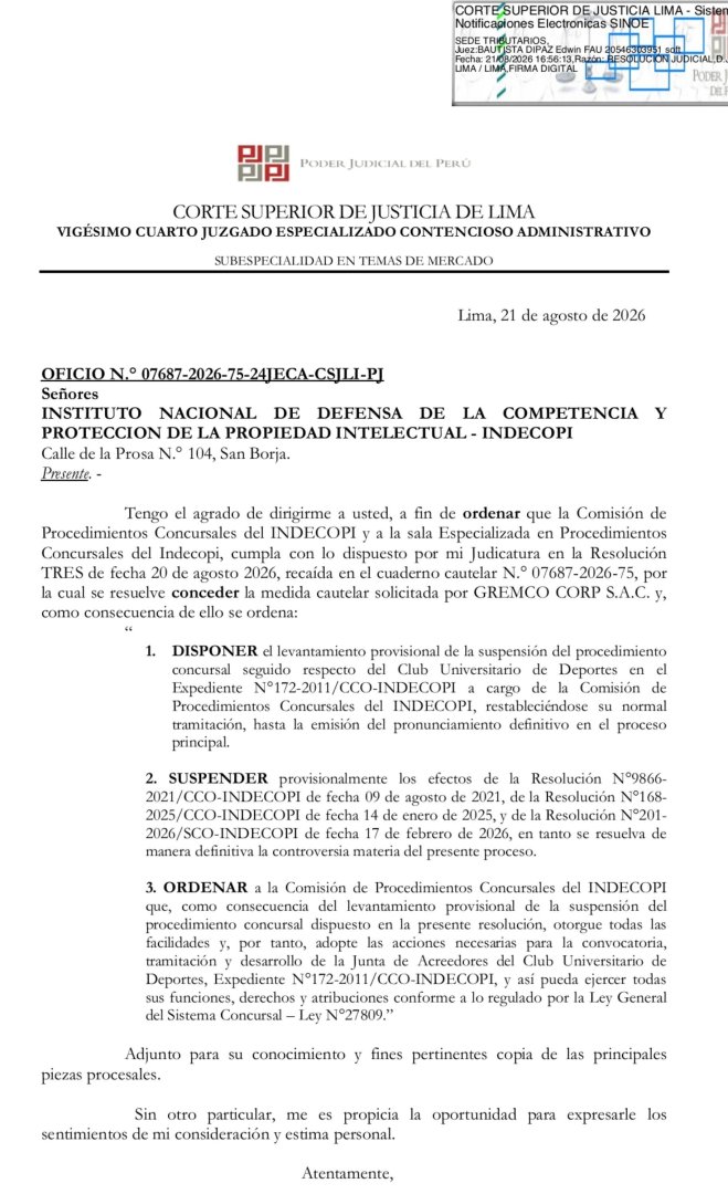Poder Judicial le ha dado una cautelar a Gremco que levanta la suspension del proceso concursal de Universitario