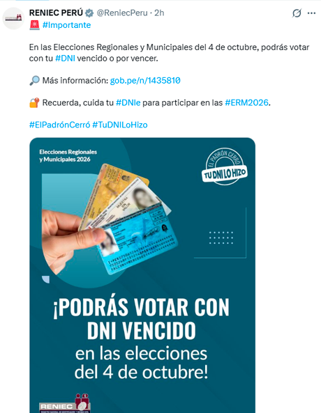 Elecciones del 4 de octubre: peruanos podr�n votar con DNI vencido.