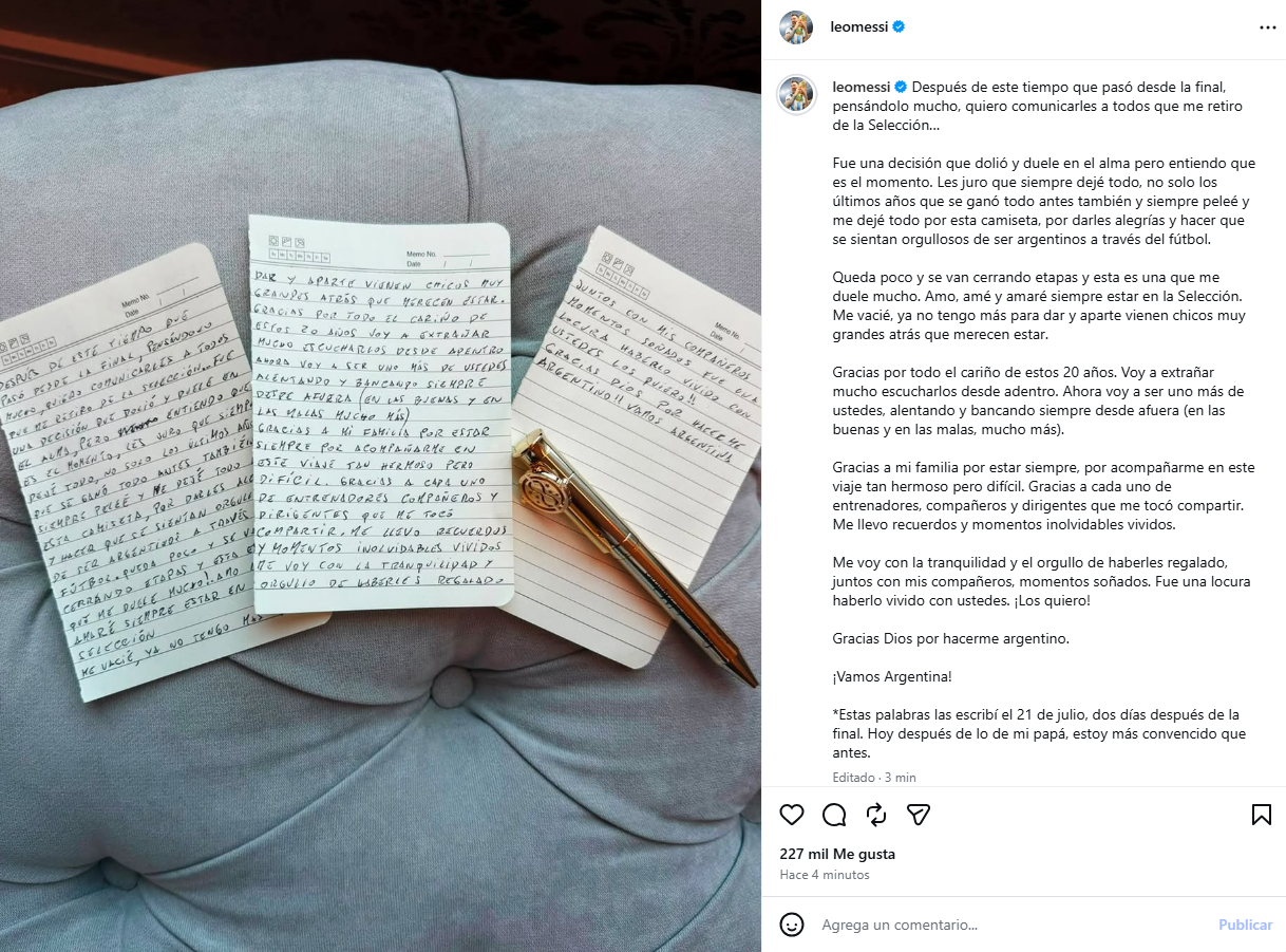 Publicación de Lionel Messi comunicando su retiro de la selección de Argentina (Captura)