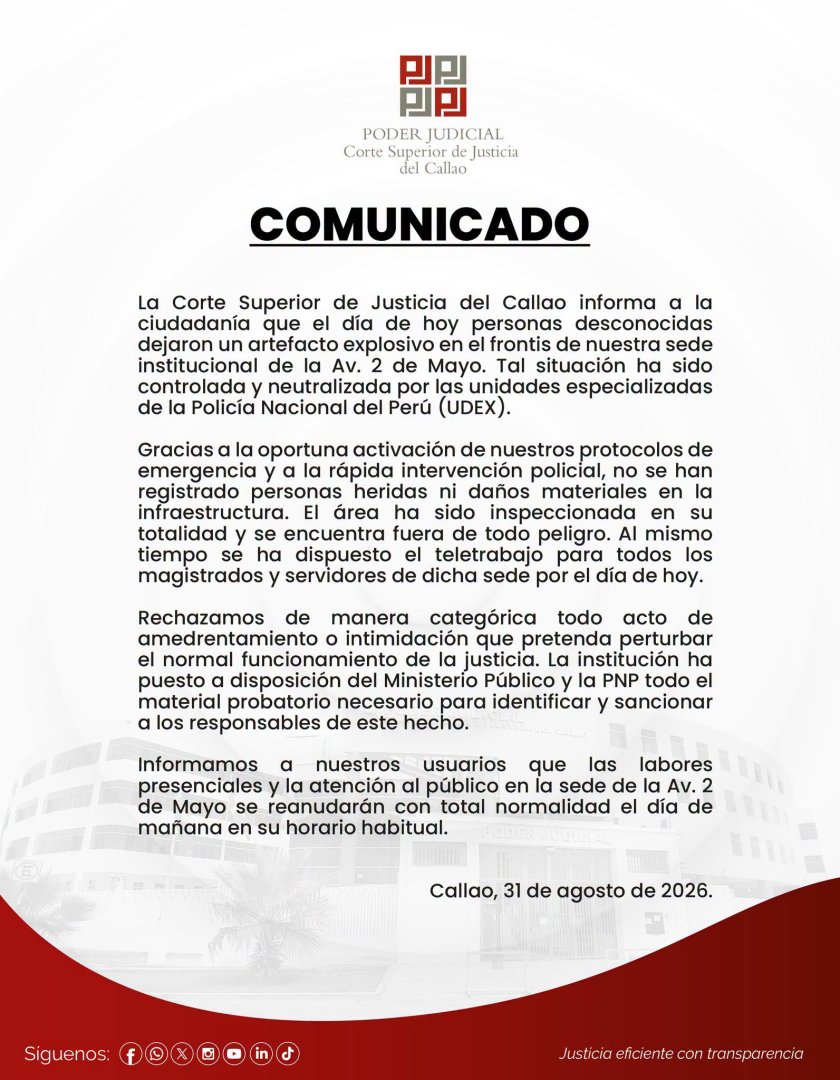Comunicado de la Corte Superior de Justicia del Callao