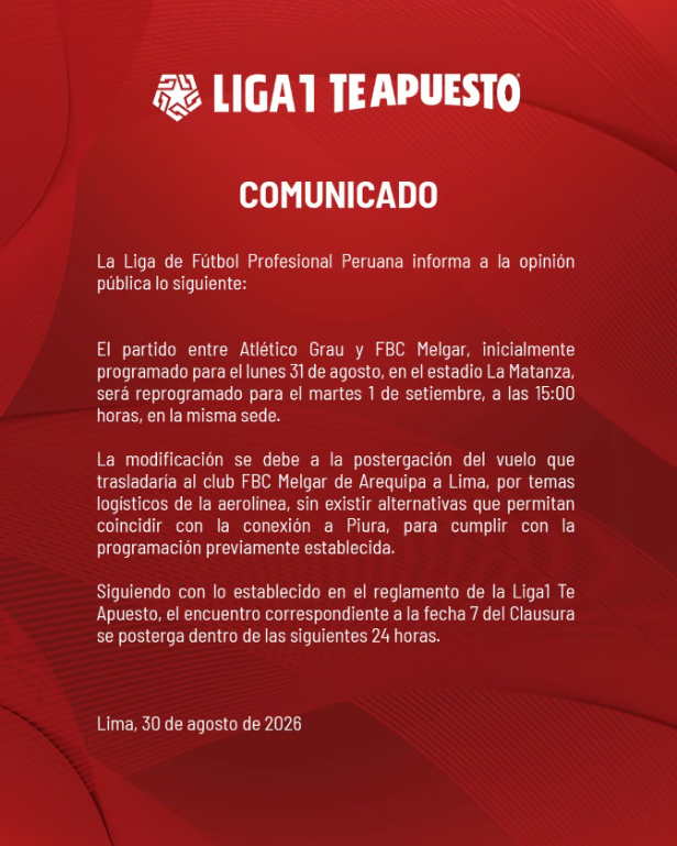 Comunicado de la Liga de Fútbol Profesional sobre el Atlético Grau vs. FBC Melgar