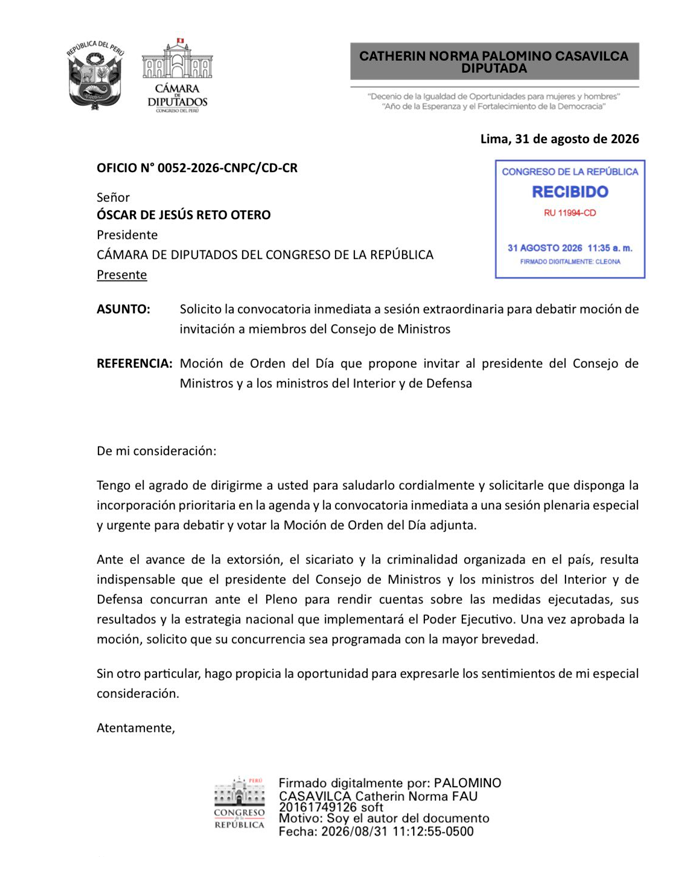 Moci�n fue recibida por Mesa Directiva de Diputados.