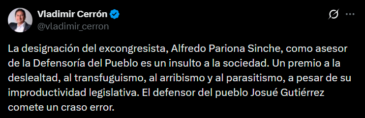Líder de Perú Libre criticó designación de excongresista.