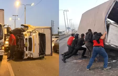 Bus de carga pesada cae volcada sobre la Panamerica Sur y trabajadores ayudan