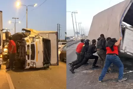 Bus de carga pesada cae volcada sobre la Panamerica Sur y trabajadores ayudan