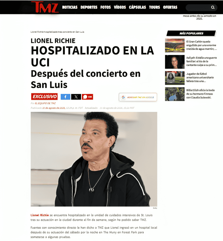 Cantante Lionel Richie fue hospitalizado en UCI, según TMZ