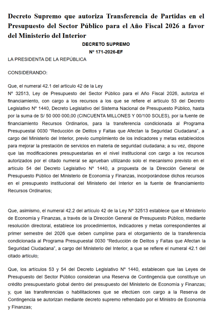 Decreto supremo que autoriza transferencia a favor del Ministerio del Interior