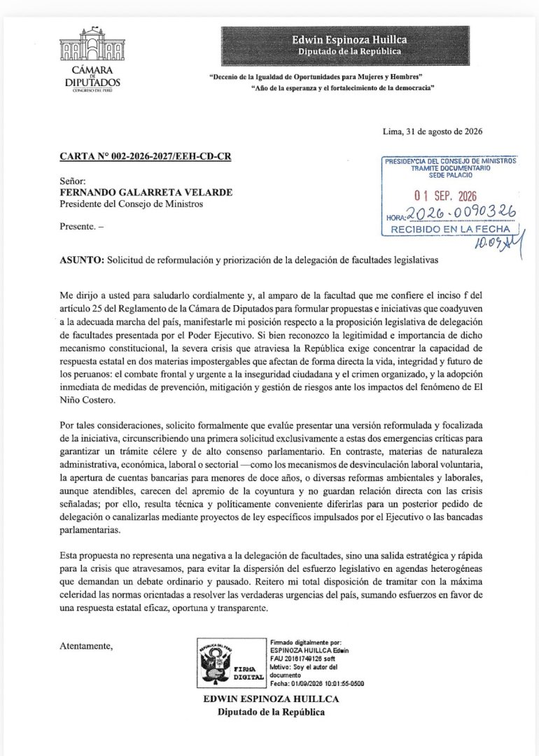 Carta del diputado Edwin Espinoza.