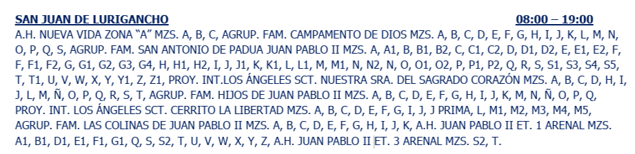 Programación del corte de luz en SJL el 3 de septiembre.