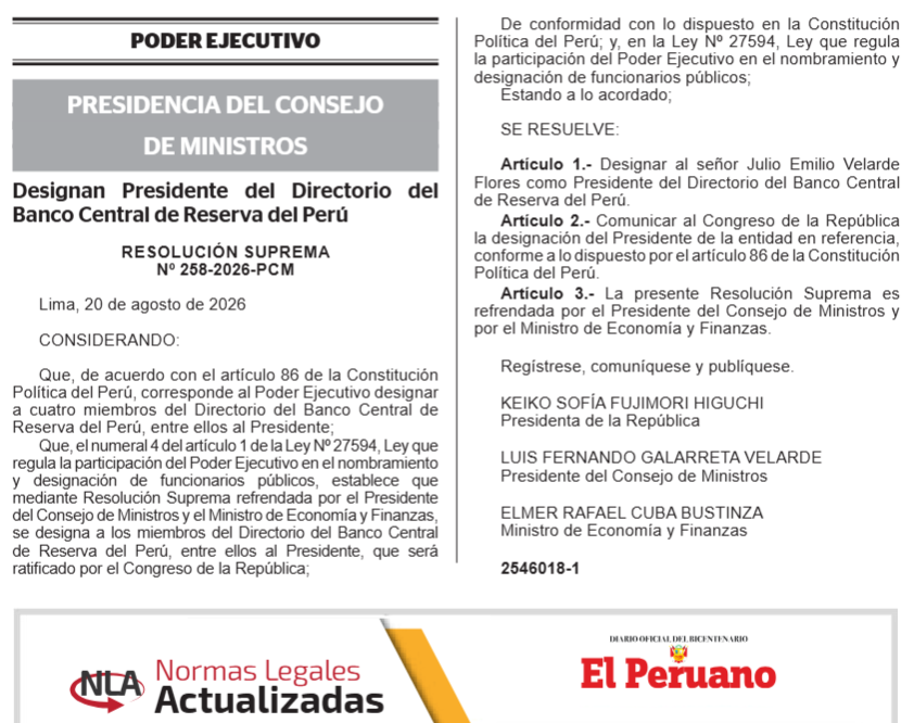 Resolución Suprema N° 258-2026-PCM del pasado 31 de agosto (Captura)