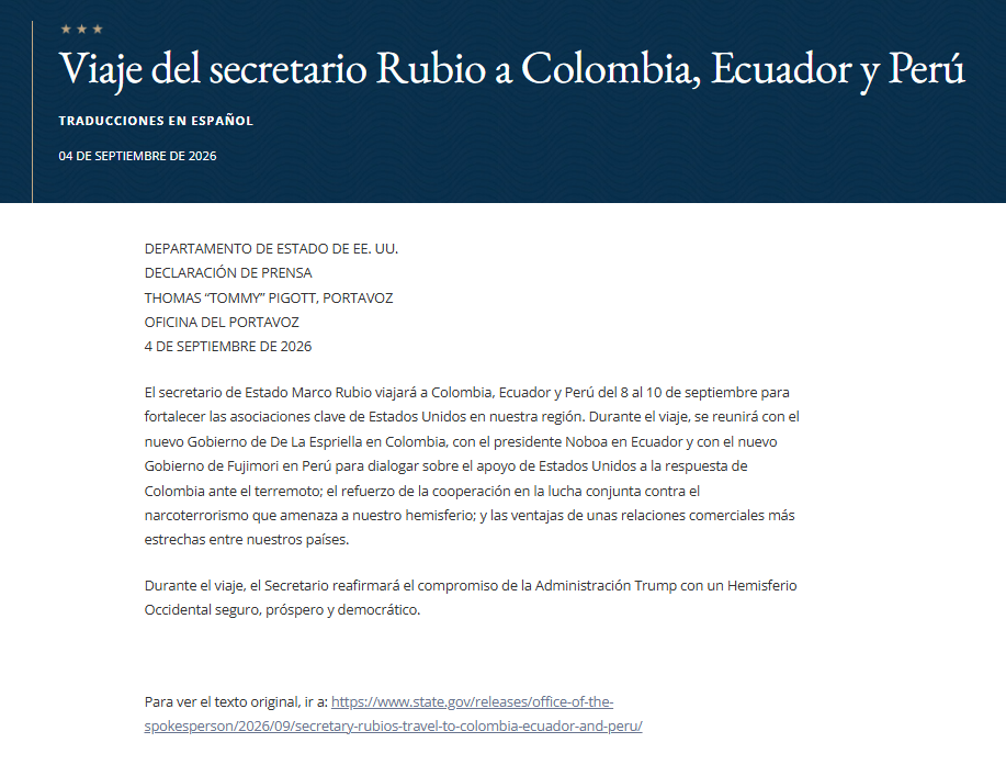 Comunidado oficial del Departamento de Estados de EE.UU. (Captura)
