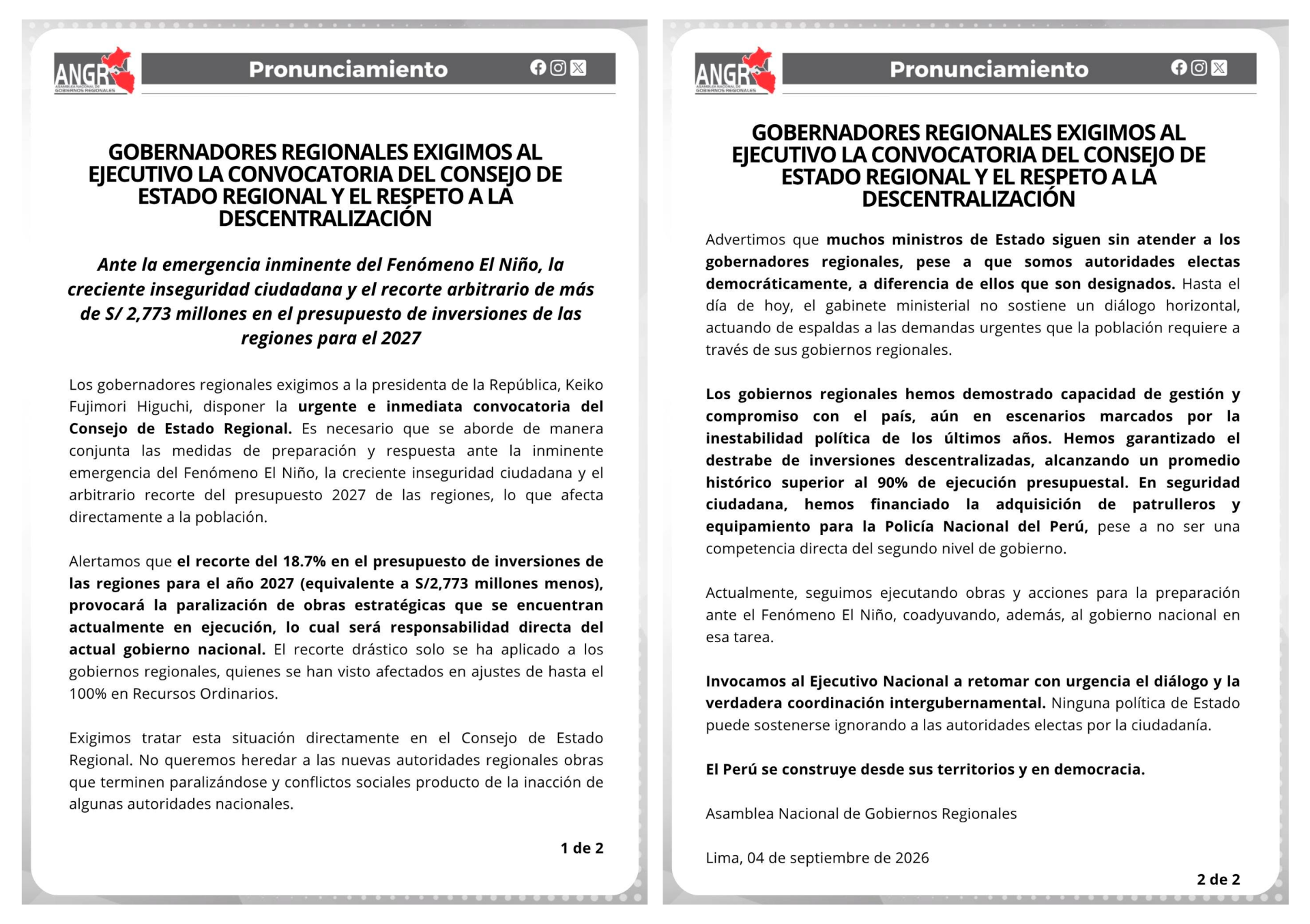 Comunicado de la ANGR.