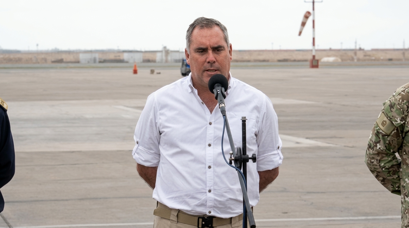 Ministro de Defensa, Rafael Belaúnde Llosa, dando declaraciones previo al viaje
