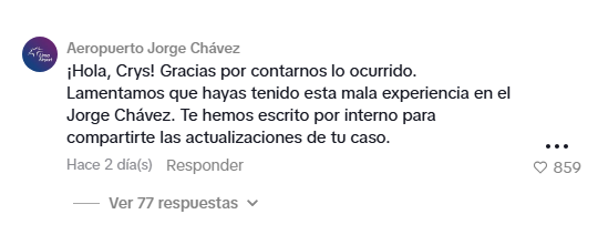Respuesta de la cuenta oficial del Aeropuerto Jorge Chávez en el video (Captura)