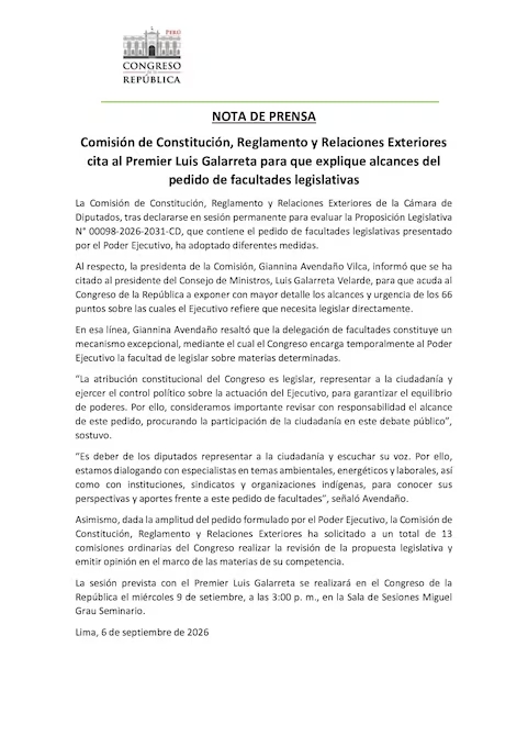Convocatoria de la Comisión de Constitución, Reglamento y Relaciones Exteriores de la Cámara de Diputados.