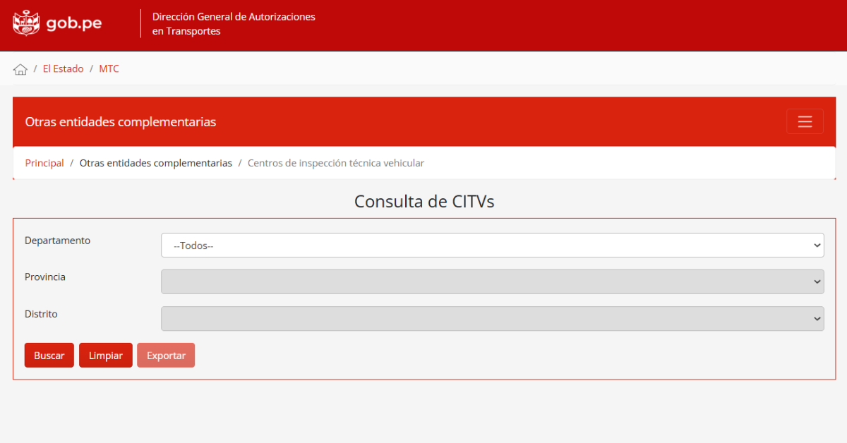 Portal de búsqueda de centros autorizados para realizar la Revisión Técnica Vehicular
