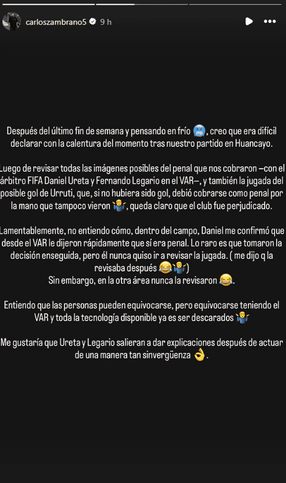Publicaci�n de Carlos Zambrano en sus historias de Instagram
