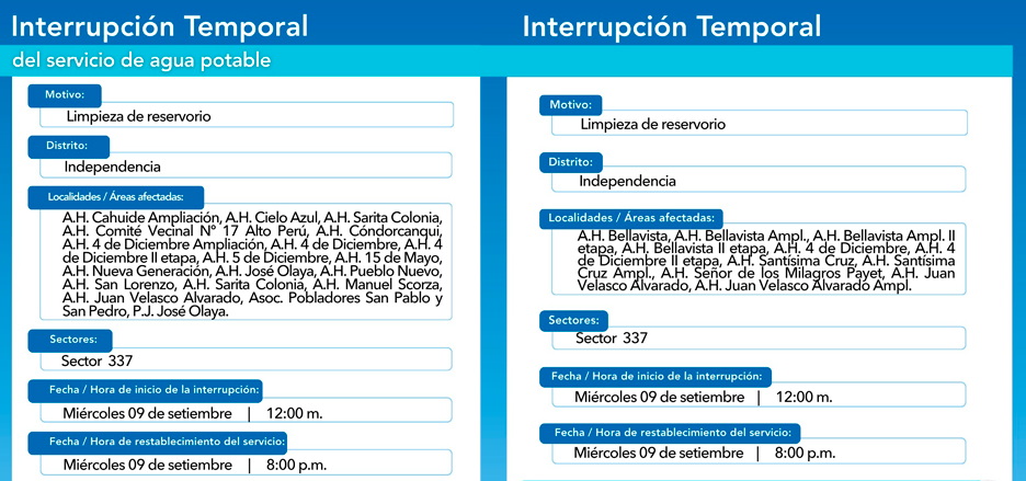 Horarios del corte de agua en Independencia.