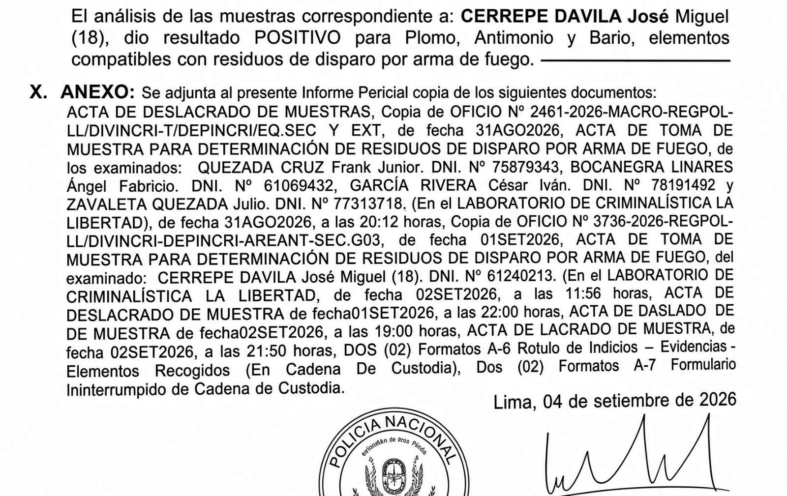 Documento que detalla el resultado positivo de disparo