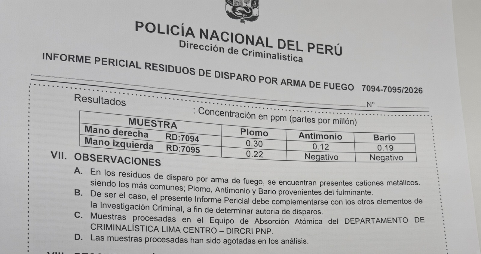 Informe pericial de residuos de disparo por arma de fuego