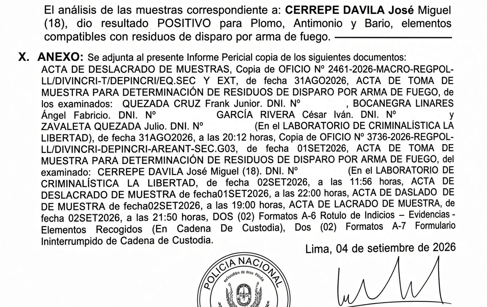 Informe de los cinco detenidos