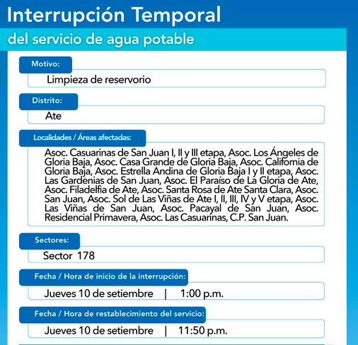 �reas donde ser� el corte de agua en Ate.
