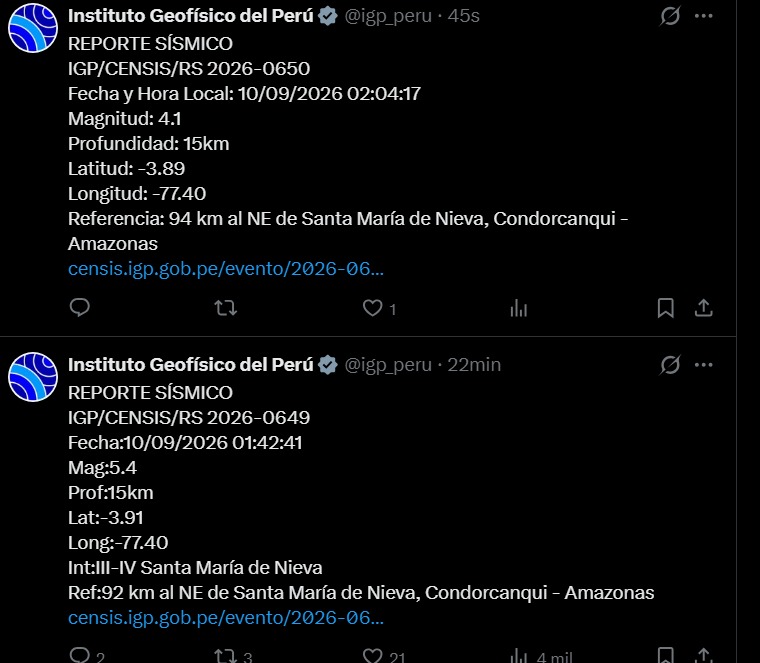 Doble sismo en Amazonas