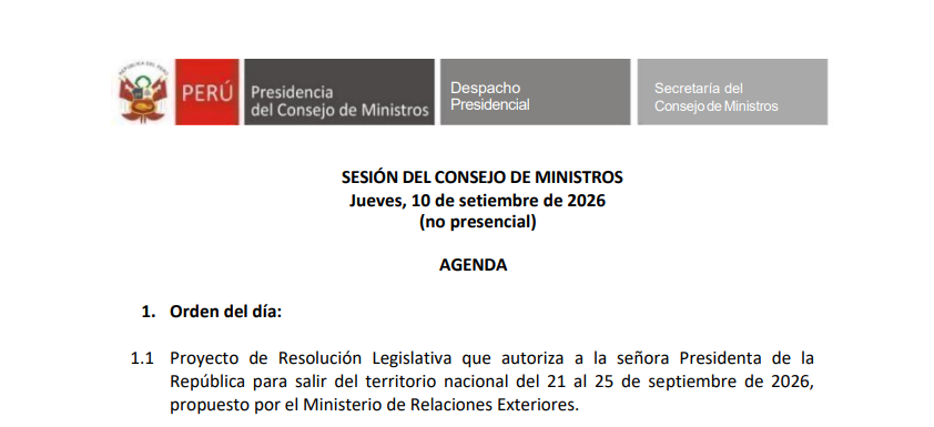 Agenda de sesión del Consejo de Ministros (10/08/2026).