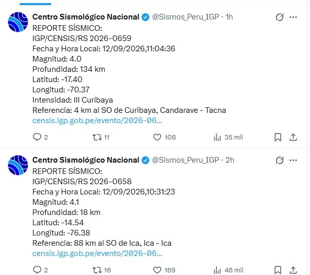 Dos sismos remecen el sur del Per� este s�bado, 12 de septiembre