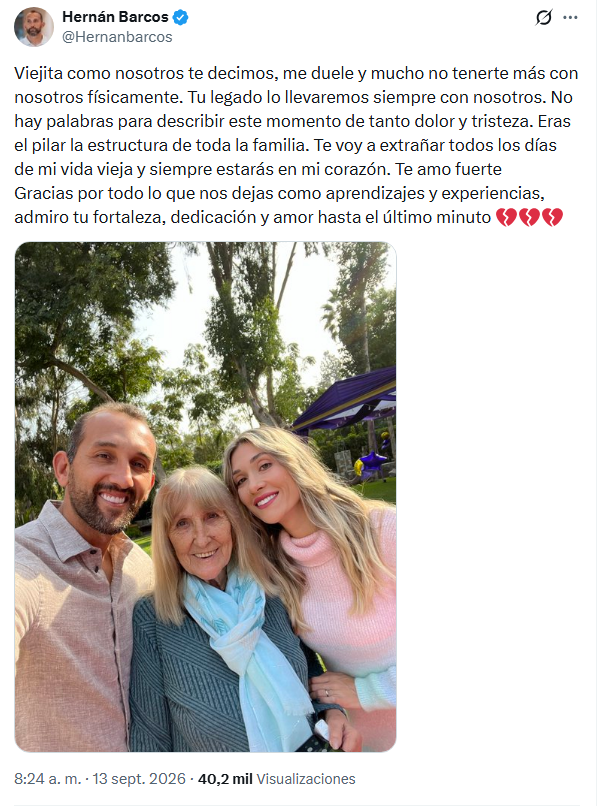 Hernán Barcos hizo una publicacion confirmando la partida de su madre (Captura)