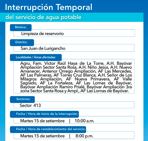 Áreas en SJL donde será el corte de agua el 15 de septiembre.