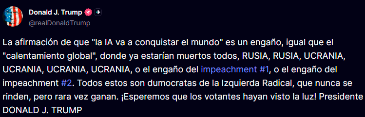 Trump rechaza que avance de la IA se detenga.