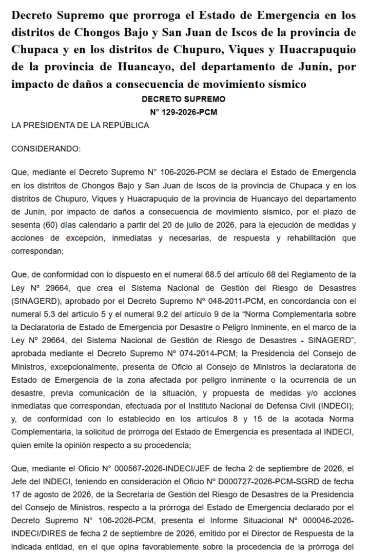 Decreto Supremo que prorroga el Estado de Emergencia