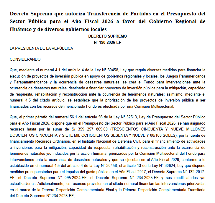 Decreto Supremo N.° 190-2026-EF (Captura - El Peruano)