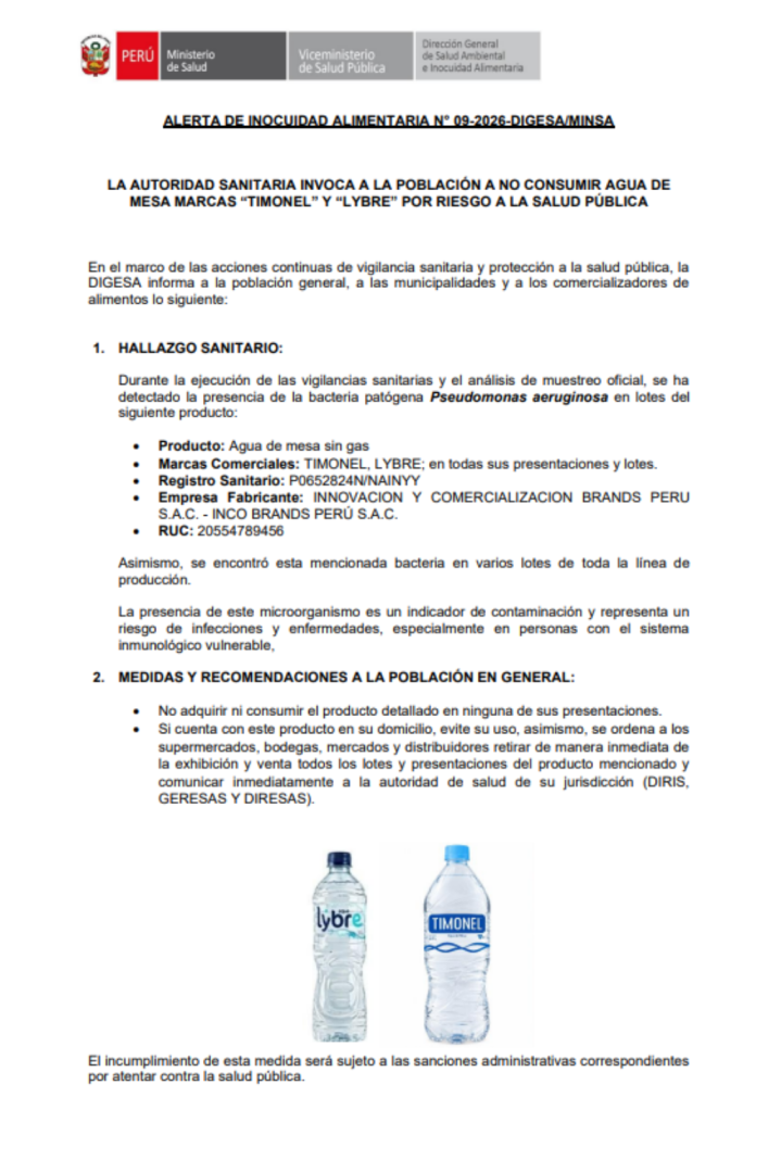 Informe de hallazgo de bacteria en dos marcas de agua de mesa