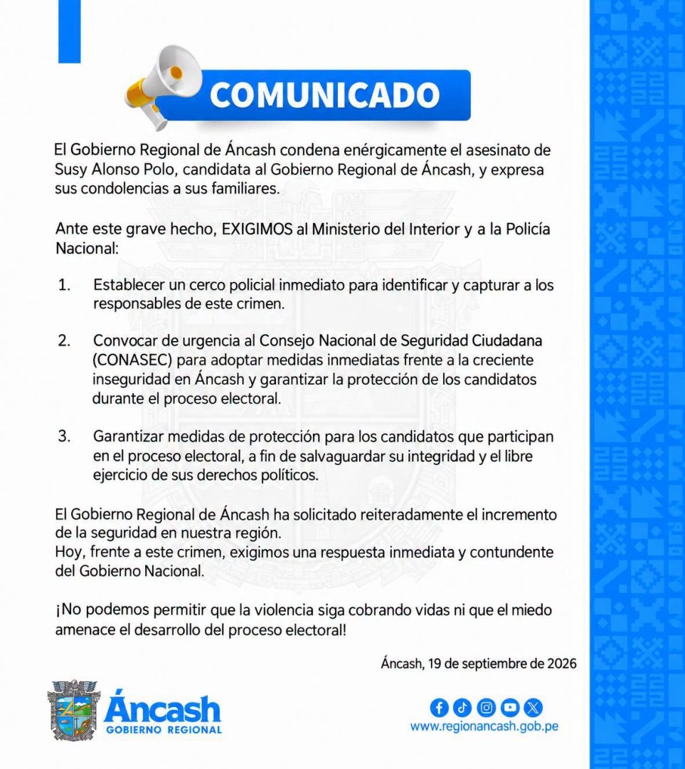 Comunicado del GORE Áncash sobre el asesinato de la 'China Polo'
