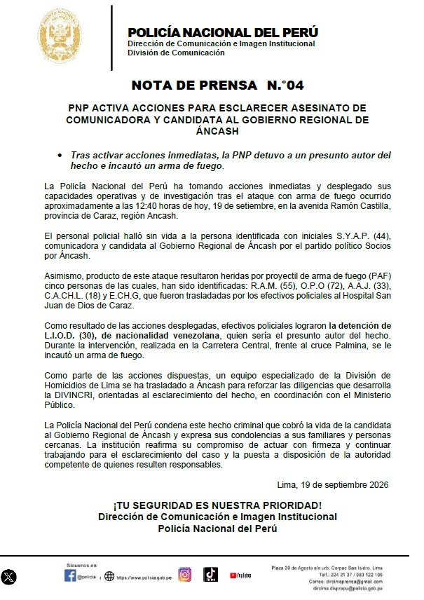 Comunicado de la Policía Nacional del Perú