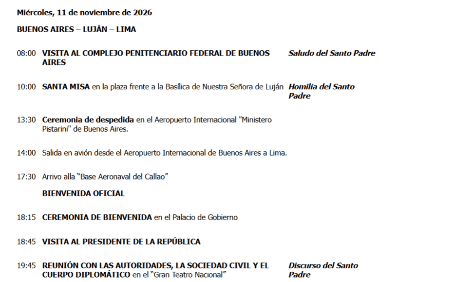 Itinerario miercoles 11 de noviembre