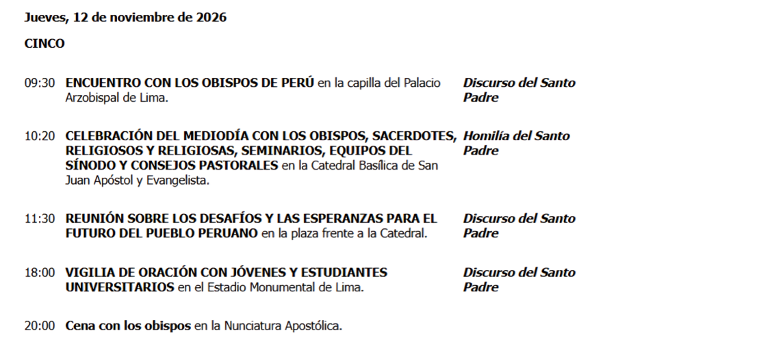 Itinerario jueves 12 de noviembre