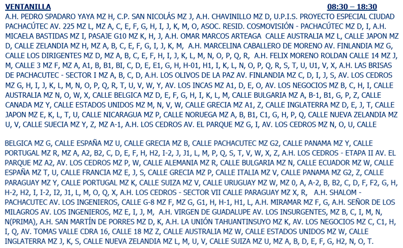 Sin servicio eléctrico por determinadas horas en Ventanilla.