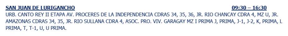 Sin servicio de luz en SJL el 22 de septiembre.