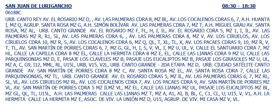 Sectores de SJL afectados por el corte de luz.