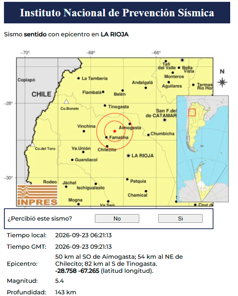 Detalles del temblor registrado hoy en Argentina.