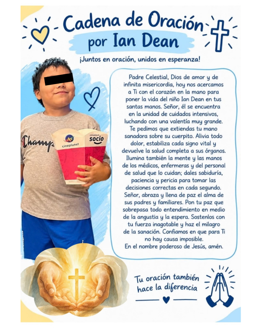 Imagen que la familia de Ian ha compartido para elevar oraciones para su pronta mejor�a