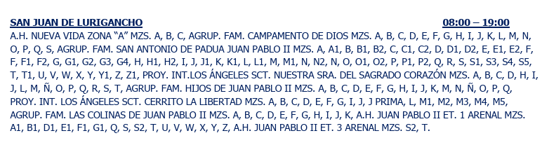 Áreas afectadas en SJL por el corte de luz.